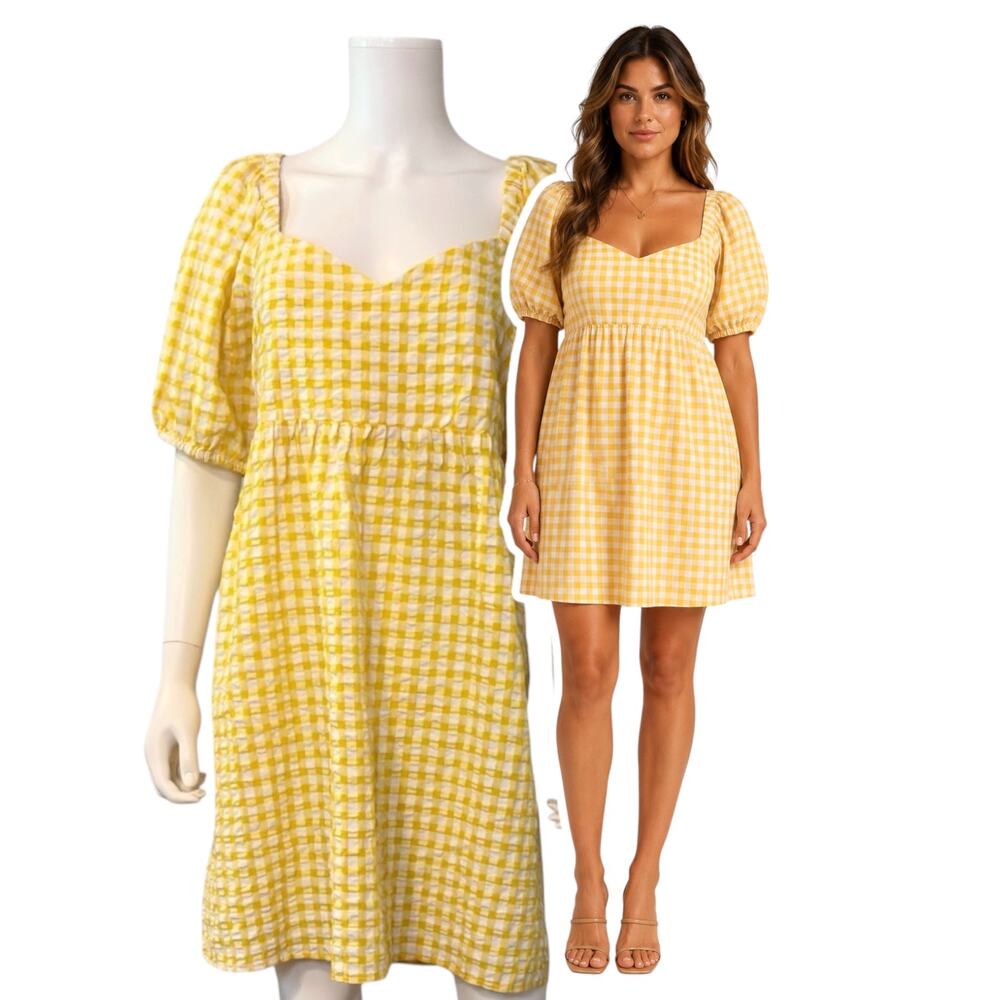 Old Navy Gingham Check Milkmaid Dress Size XL Plaid Yellow Knee Length Coquette